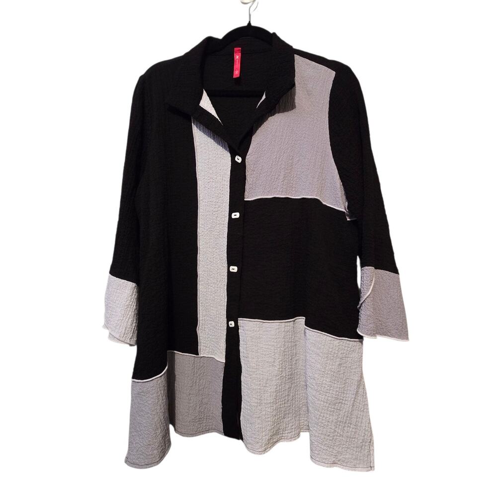 IC by Connie K Colorblock Tunic Top Womens LG Black White Gray Lagenlook‎ Flowy